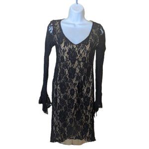 Black Beige Lace Overlay Dress Size Large Fits Medium